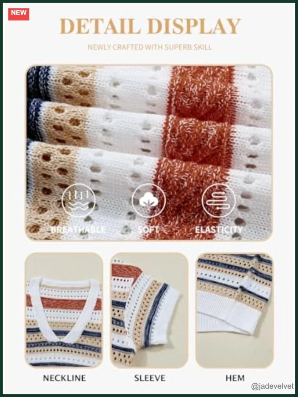 Plus Size Striped V Neck Short Sleeve Hollow Out Crochet Knit Sweater Cover Up